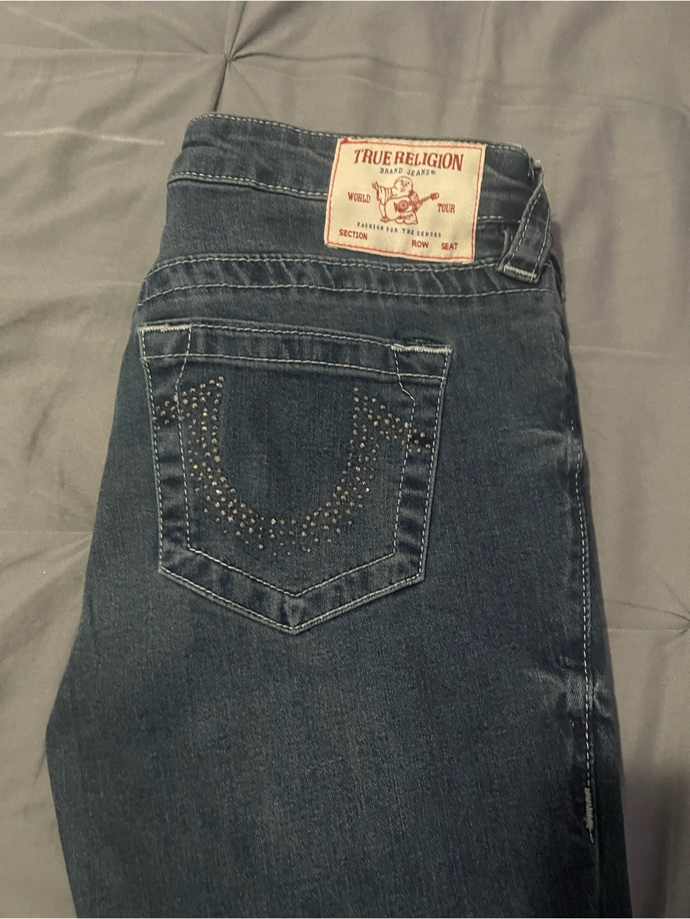 True Religion Women's Dark Blue Straight Leg Jeans with Studded Pocket